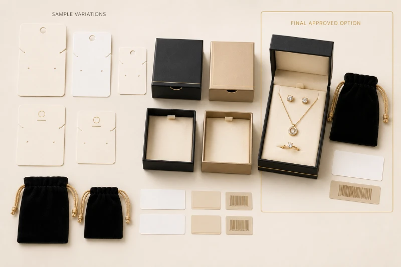 Jewelry packaging samples, logo artwork, labels and finished jewelry prepared for approval