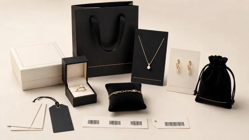 Custom jewelry packaging collection with branded cards, pouches, boxes and labels