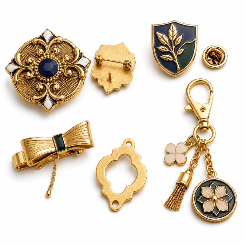 Custom gold plated brass badges, pins and branded fashion accessories