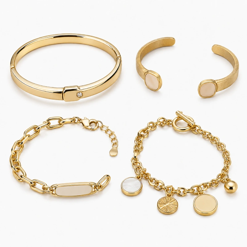 Custom gold plated brass bangles, cuffs and charm bracelets