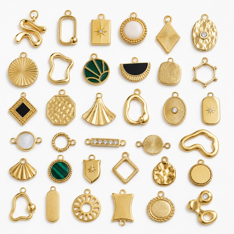 Custom gold plated brass charms, logo tags and decorative pendants