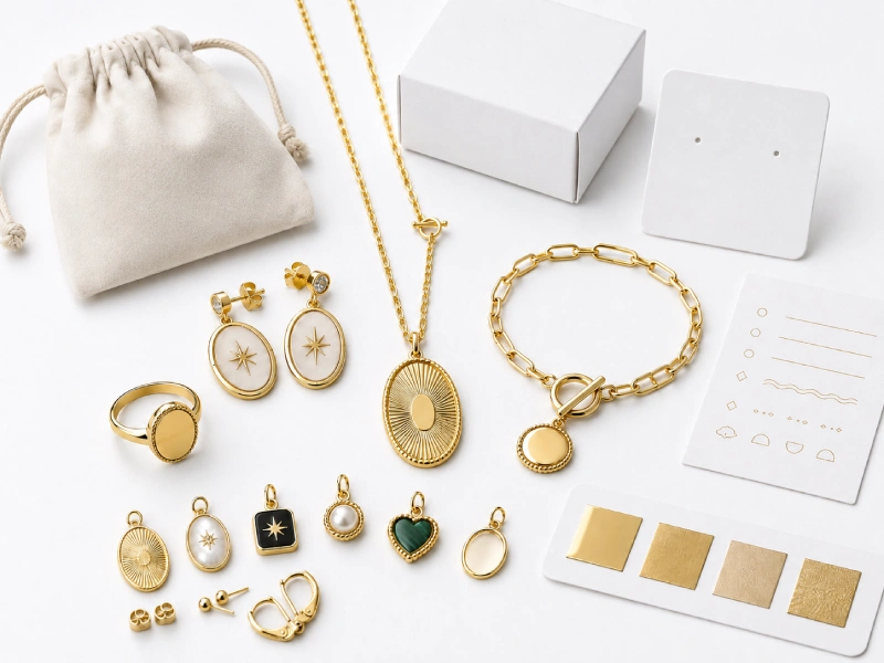 Gold plated brass jewelry samples with stones, enamel, finish references and private label packaging