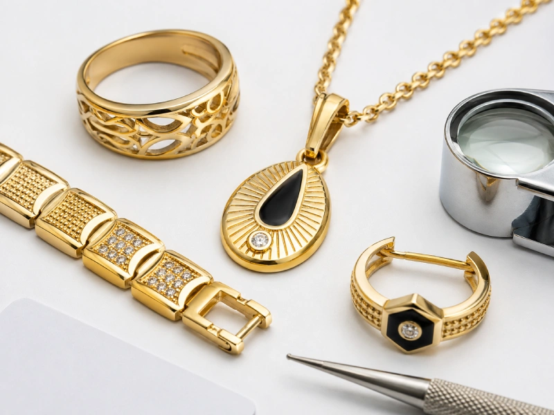 Close-up inspection of polished and gold plated brass jewelry surfaces, edges and decorative details