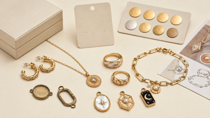 Custom gold plated brass earrings, necklaces, rings, bracelets and finish samples prepared for private label jewelry development