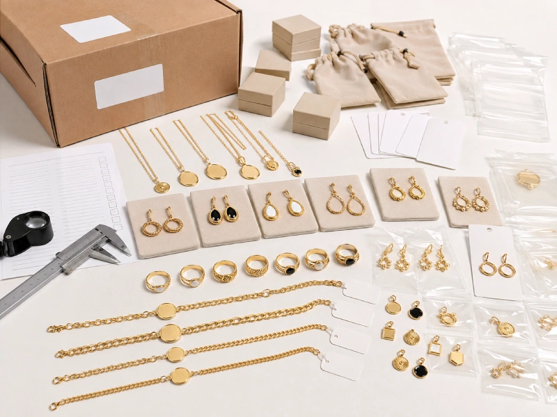 Gold plated brass jewelry undergoing surface inspection, SKU organization and protective private label packing