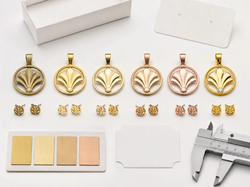 Gold plated brass jewelry samples, unfinished brass pieces and gold-tone references prepared for buyer approval