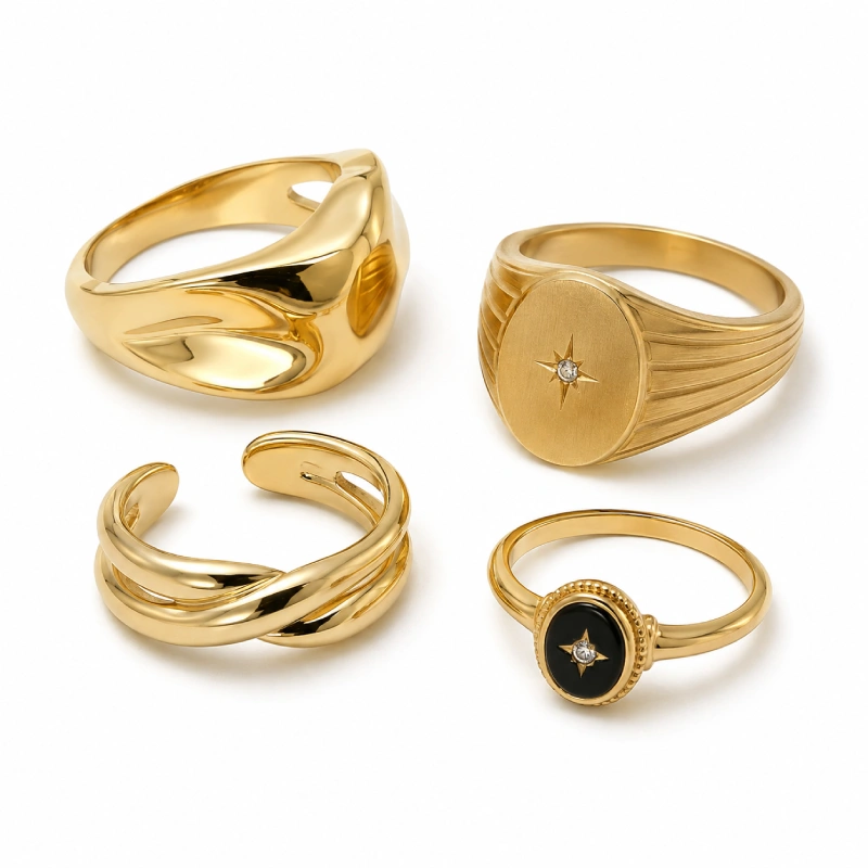 Custom gold plated brass fashion, signet and stone set rings
