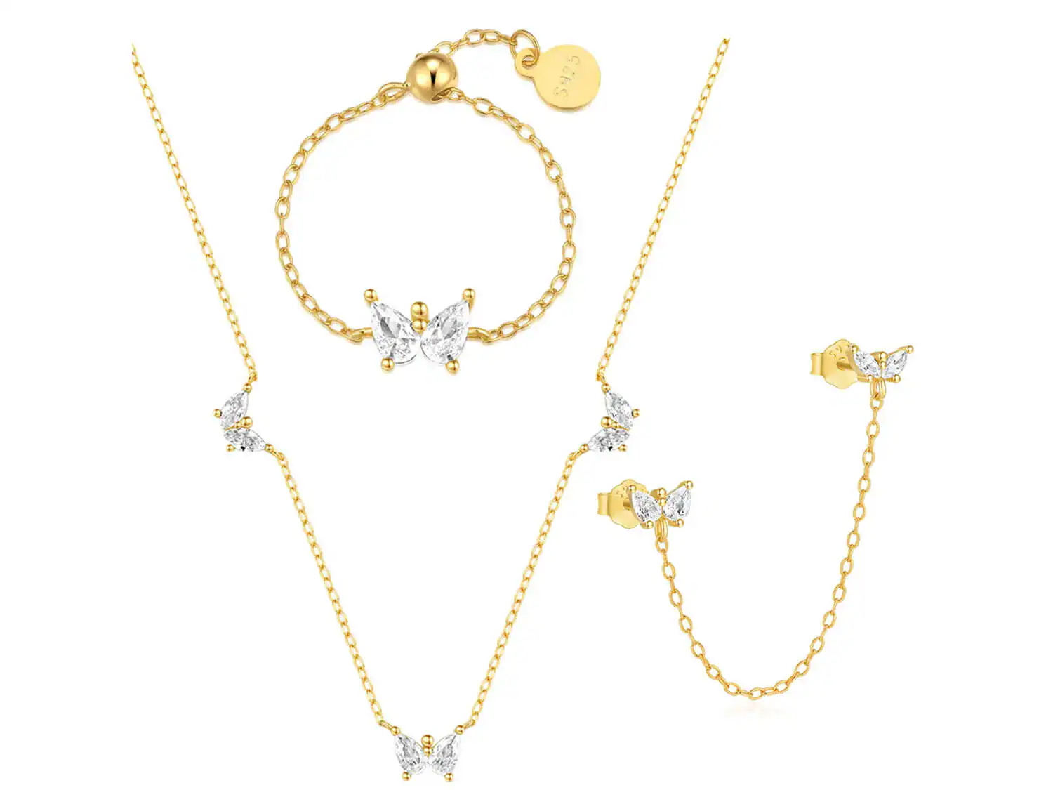 18K gold butterfly jewelry set with pave cubic zirconia wings