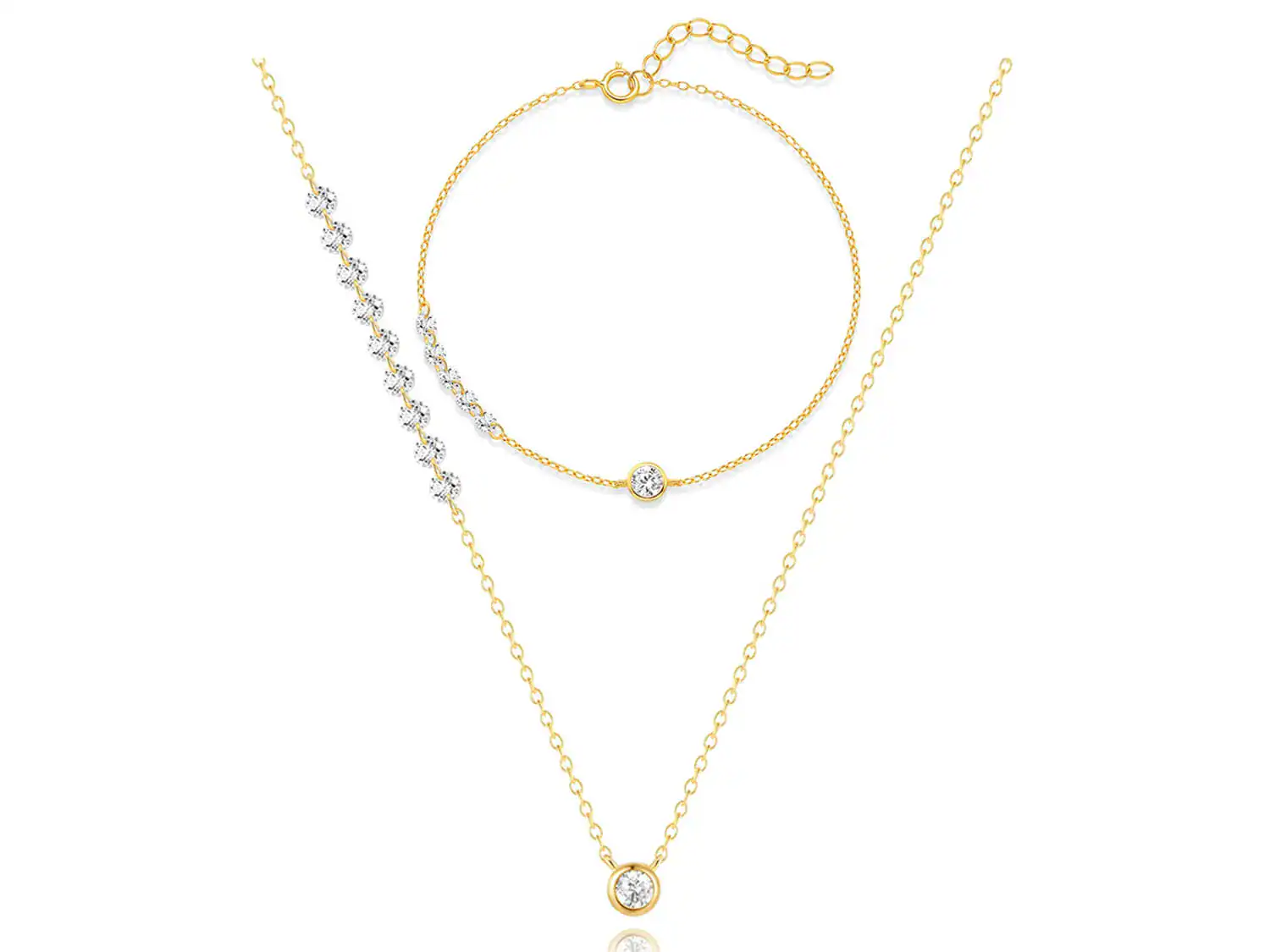 18K gold solitaire jewelry set with prong-set cubic zirconia
