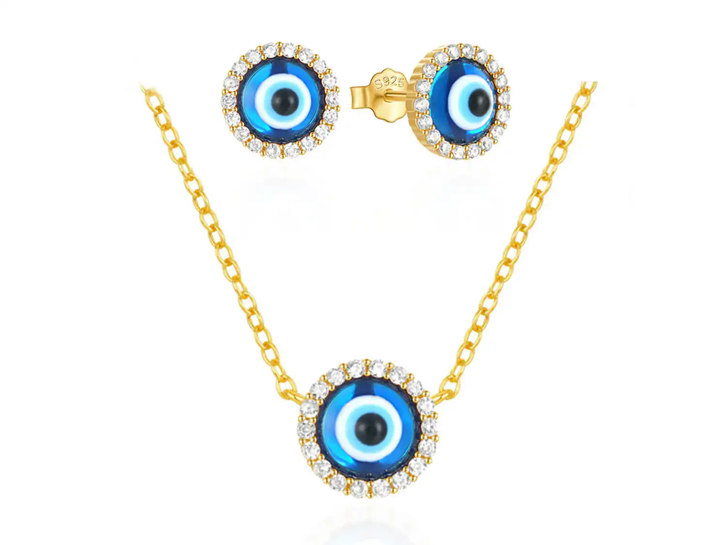 18K gold evil eye jewelry set with enamel detail