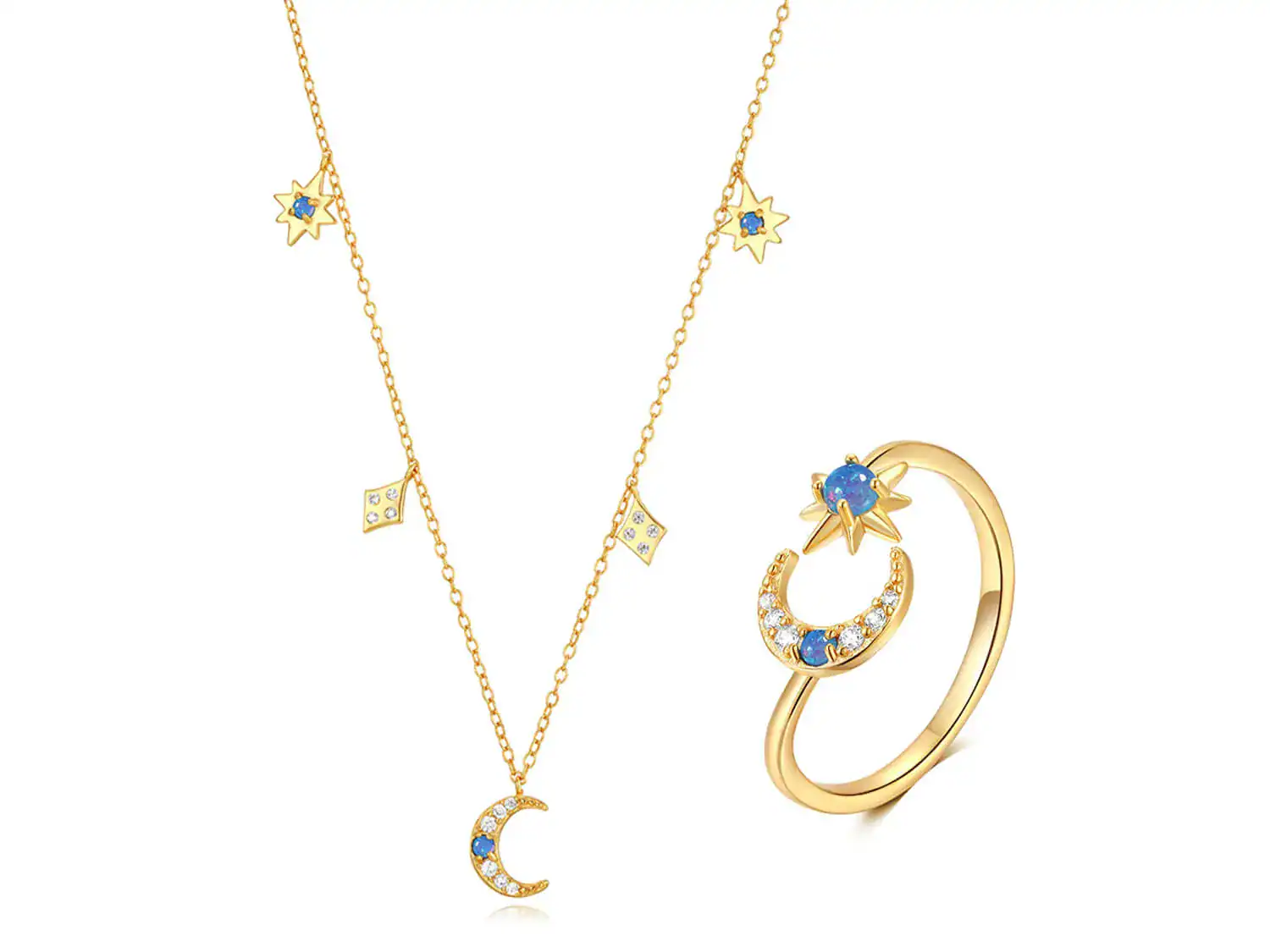 18K gold celestial jewelry set with opal moon and star charms
